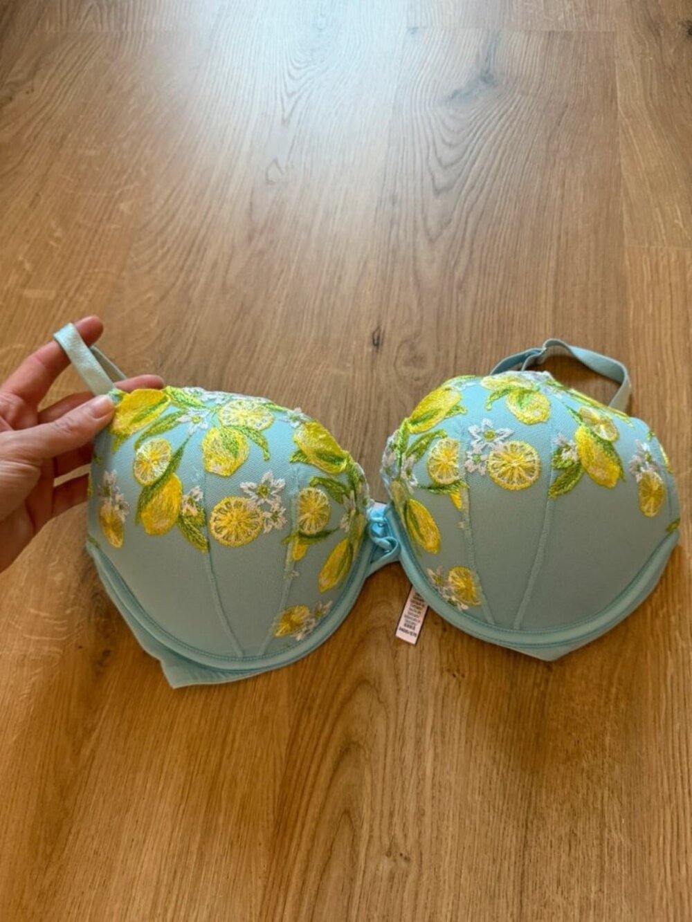 Embroidered Push-Up Underwire Bra Turquoise/Yellow Size 34DD